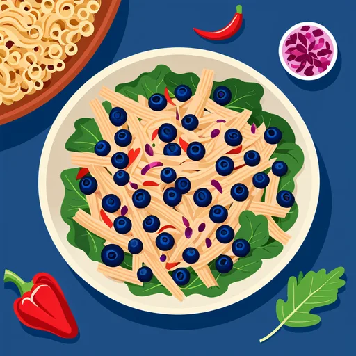 Ensalada de pasta con pollo y arándanos sobre hojas verdes